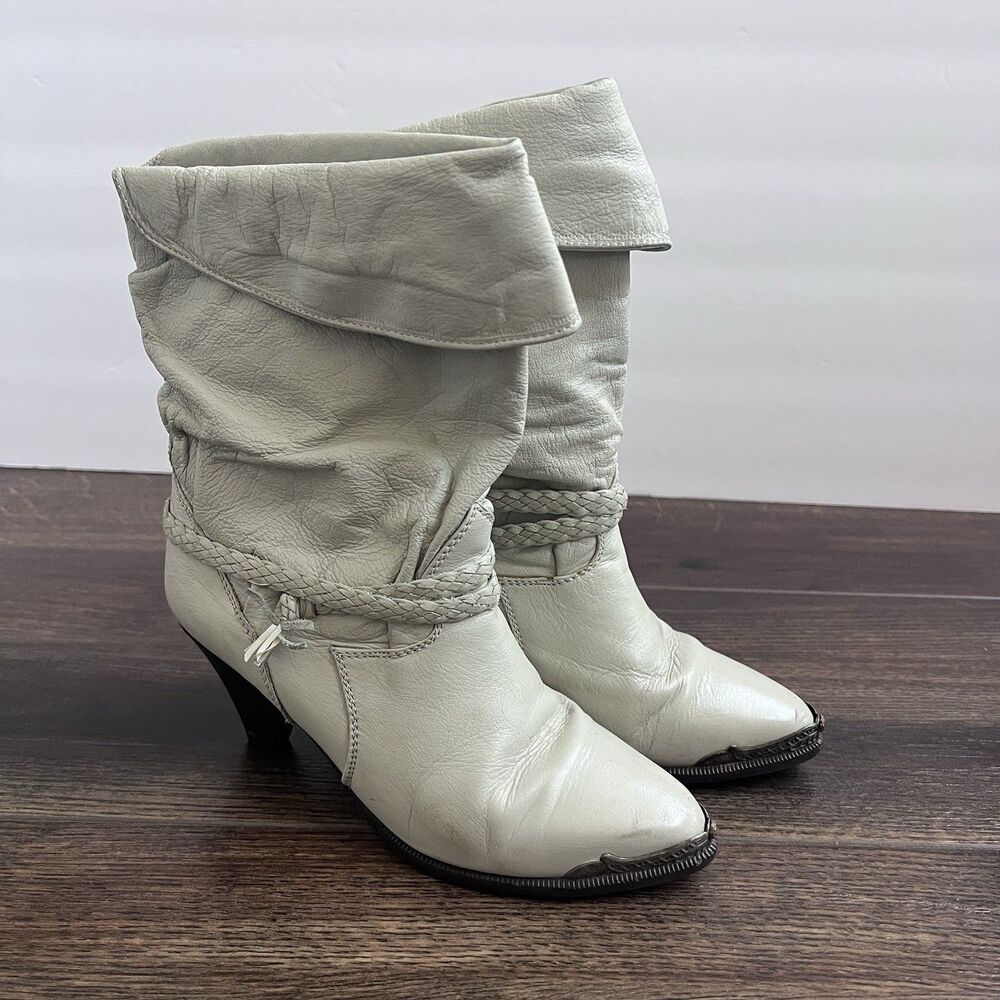 Vtg 80s Zodiac USA Cream Leather Slouch Boots Sz 5.5 Western Rocker Braided Heel